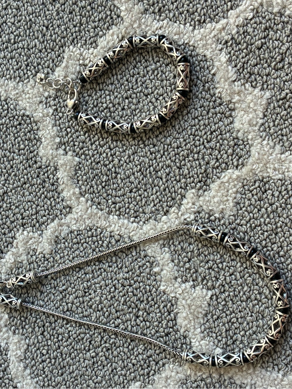 Brighton Silver-Tone Filigree Necklace and Bracelet Set - Black Enamel